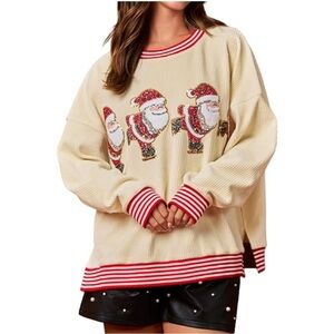 SHEIN Cream and Red sequined santa Crewneck long sleeve Top